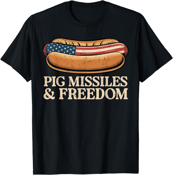Funny Hot Dog BBQ 4th of July Tees Pig Missiles and Freedom 4th of July Patriotic Hotdog T-Shirt - Black