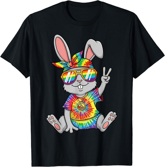 Hippie Tie Dye Rabbit Peace Sign T-Shirt in Black