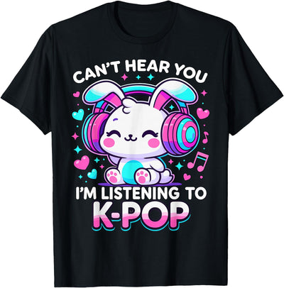 Kawaii Bunny with Headphones Listening to K-Pop T-Shirt