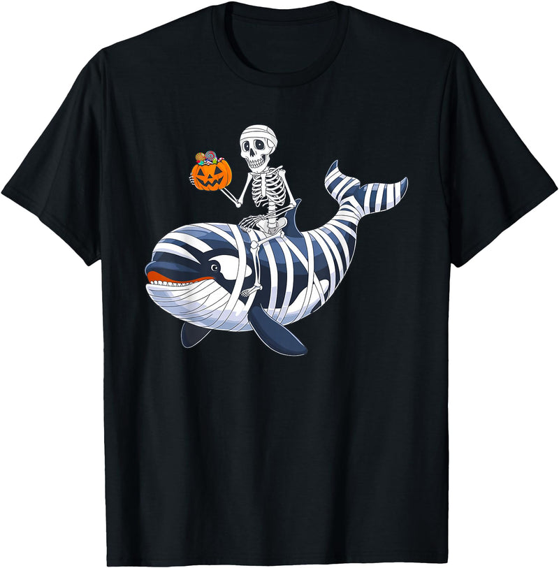 Orca Skeleton Halloween Whale Apparel Co. Skeleton Riding Mummy Orca Halloween Candy Whale T-Shirt - Black