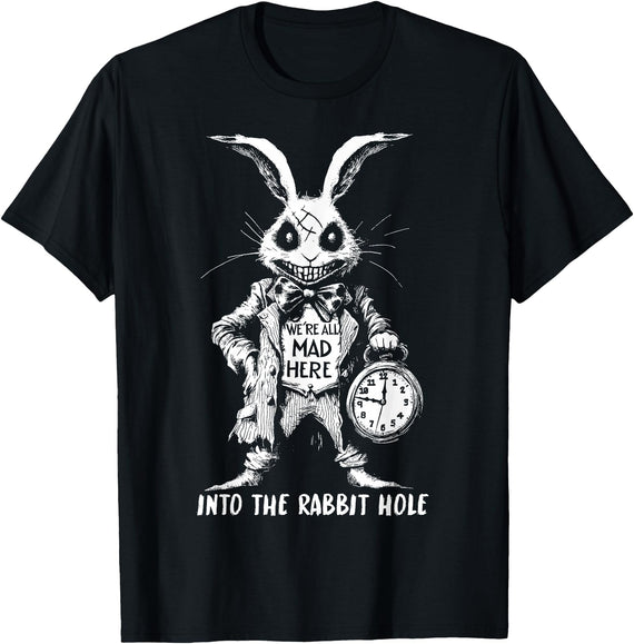 The Creepy White Rabbit in Wonderland Horror Fantasy Art T-Shirt in Black