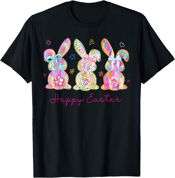 Funny Bunny Three Rabbits Eggs Happy Easter Tie Dye Trendy T-Shirt in Black
