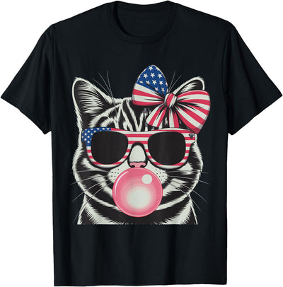 4Th Of July Cat Bubble Gum Glasses Coquette Patriotic Cat 4Th of July Bow American Flag Girls Women T-Shirt