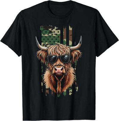 Highland Cow by Akh Camo American Flag Patriotic T-Shirt