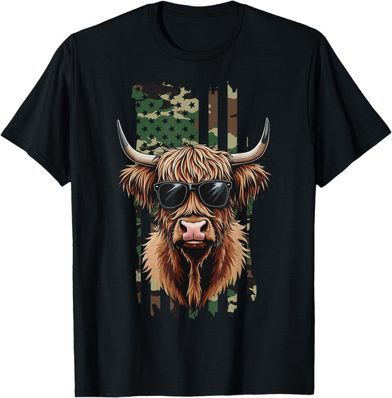 Highland Cow by AKH Highland Cow Camo American Flag, Patriotic Highland Cow T-Shirt - Black