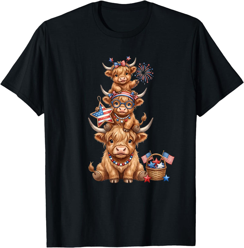 Funny 4th Of July Highland Cow Apparel Cute Highland Cow 4th of July Patriotic American Flag T-Shirt - Black
