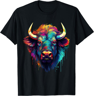 Cow Safari Animal Art Buffalo Portrait Colorful Bison Splash T-Shirt