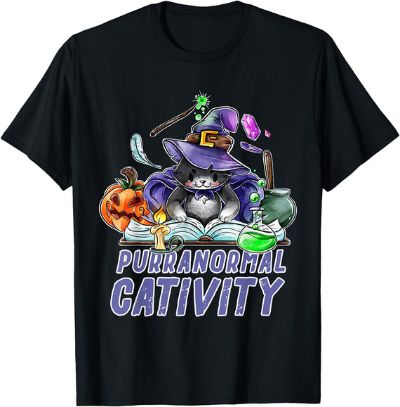 Spooky Halloween Designs and Co. Halloween Purranormal Cativity Cute Cat Witch Art T-Shirt - Black