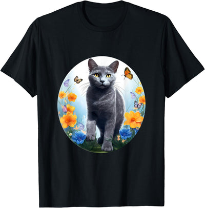 Sweet Russian Blue Cat Flower Design Russian Blue Cat Cat Flower T-Shirt