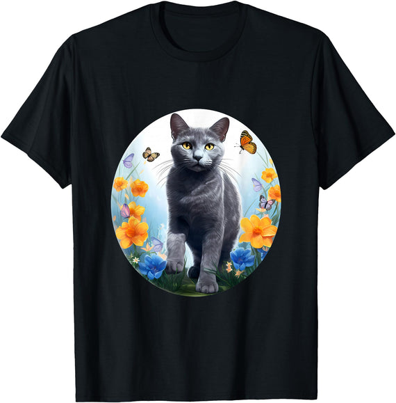 Sweet Russian Blue Cat Flower Design Russian Blue Cat Cat Flower T-Shirt - Black