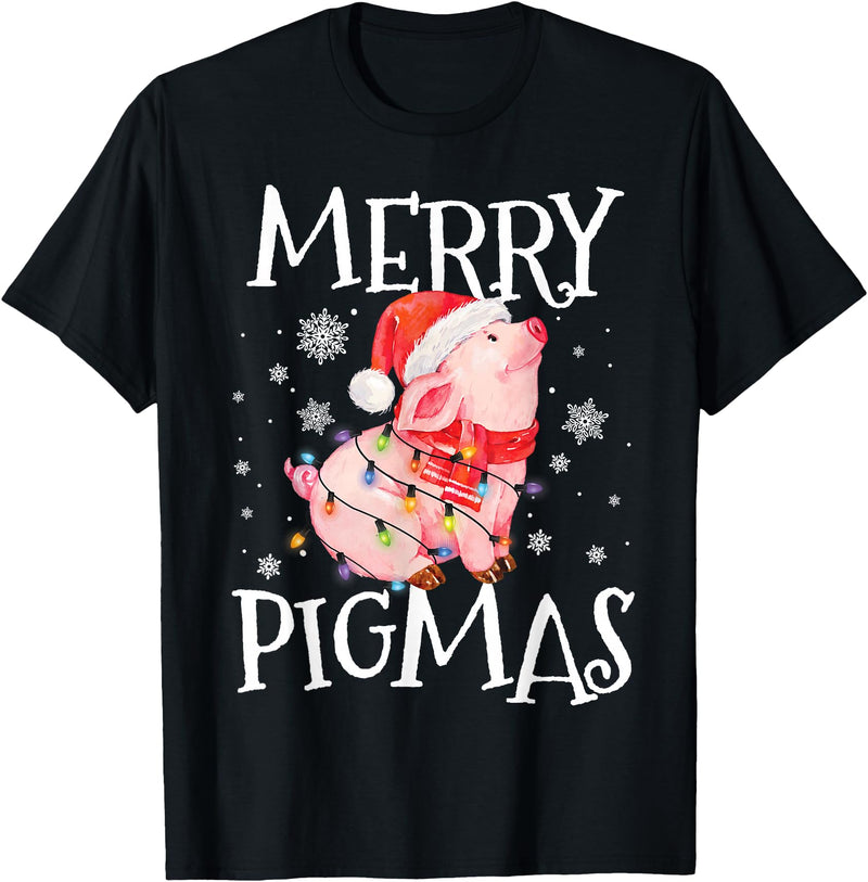 Christmas Funny Gifts Merry Pigmas Funny Pig Christmas Lights Tree Xmas Funny T-Shirt - Black
