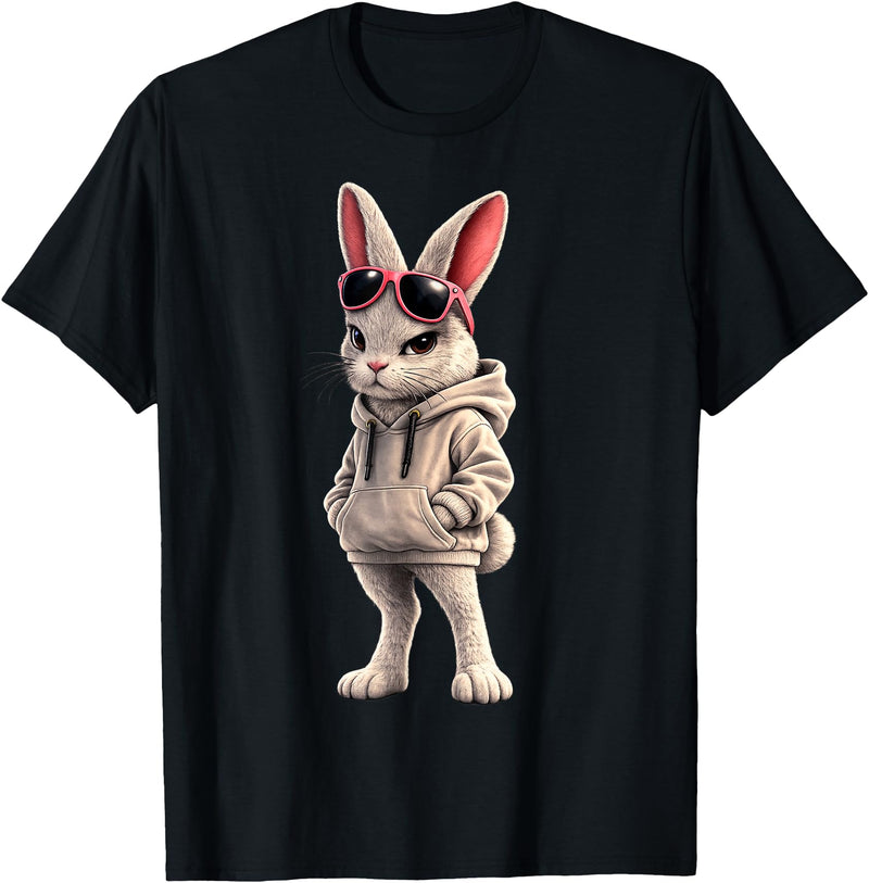 Cool Rabbit Wearing and Sunglasses Funny Rabbit Hoodie in Black