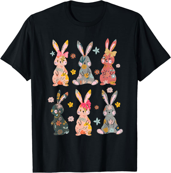 Vintage Retro Bunny Floral Flower Rabbit Easter Day Womens T-Shirt in Black