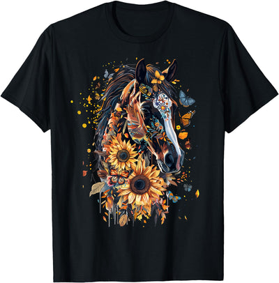 Just a girl who loves horses Co. Sunflower American Paint Horse Lover CowGirl Horse Portrait T-Shirt