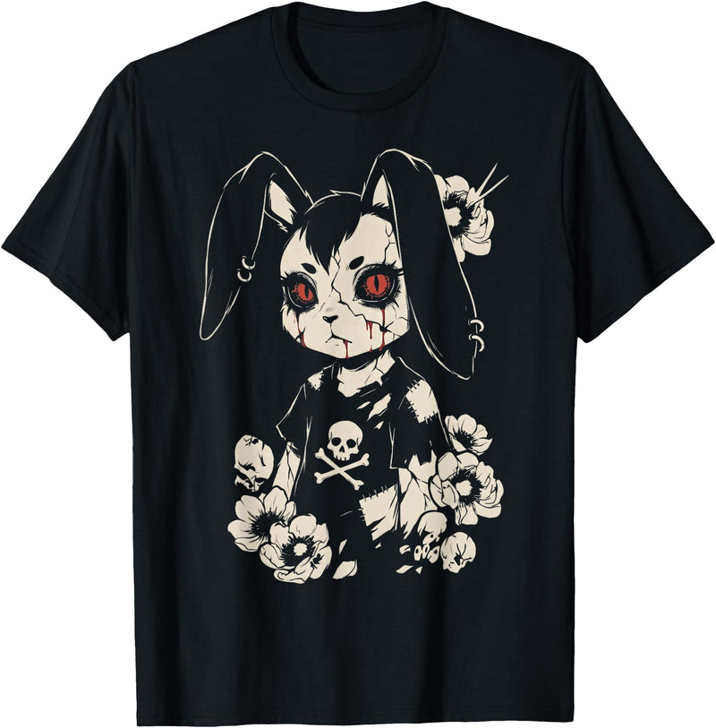Creepy Bunny Rabbit Japanese Kawaii Manga Horror Goth T-Shirt in Black