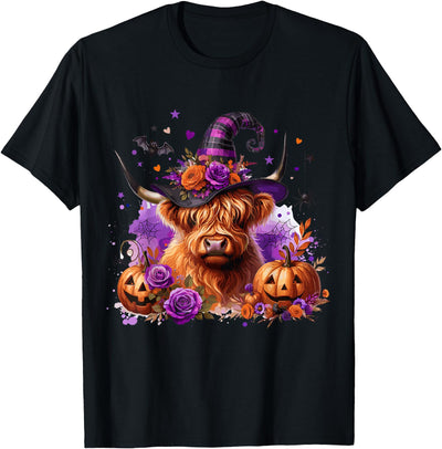 Cute and Funny Halloween Gifts Halloween Highland Cow Pumpkin Witchy Bat T-Shirt