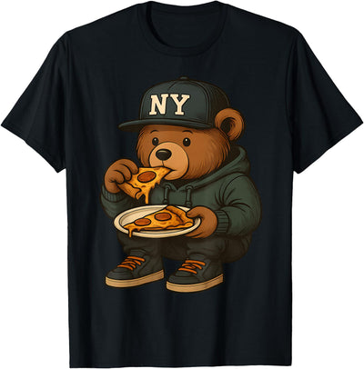 Hip Hop Teddy Bear Eating New York Style Pizza Teenager Men T-Shirt