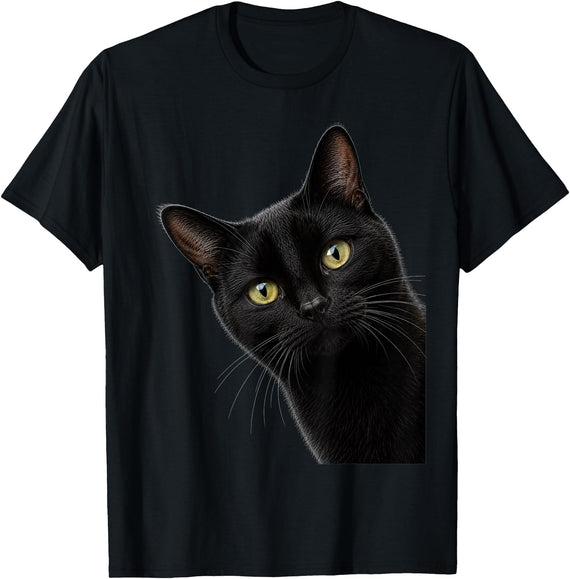 Curious Cat Collective Funny Black Cat Peekaboo Portrait Peeking Halloween Cat T-Shirt - Black