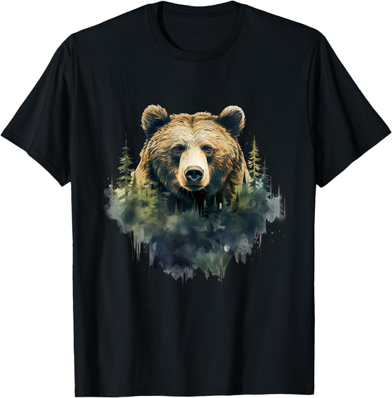 Bear Forest Animal Art Portrait Forest Artwork Wildlife T-Shirt - Black