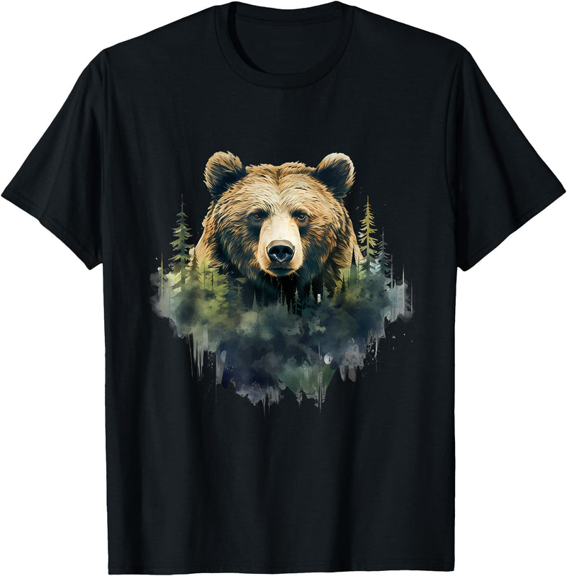 Bear Forest Animal Art Portrait Forest Artwork Wildlife T-Shirt - Black