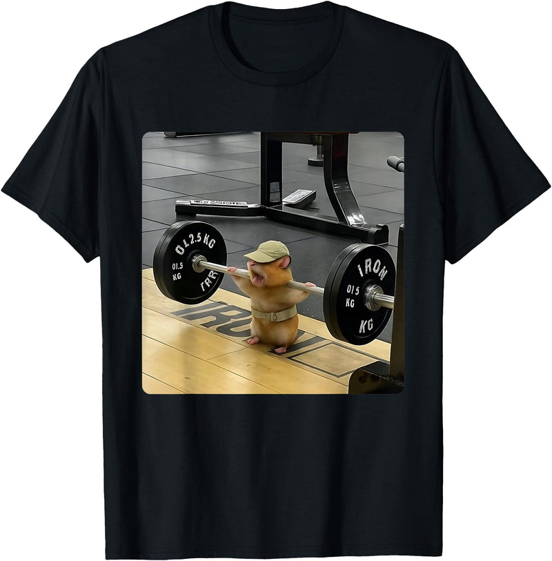 Hamster Deadlift Training Funny Cute Rat Weightlifting Meme T-Shirt - Black