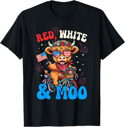 Red White and Moo Patriotic Highland Cow 4th July T-Shirt