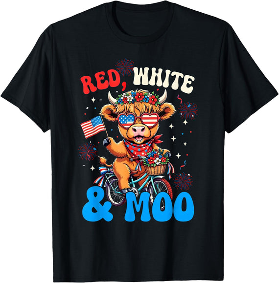 Patriotic Highland Cow USA Fourth of July Tee Red White and Moo Patriotic Highland Cow 4th July T-Shirt - Black