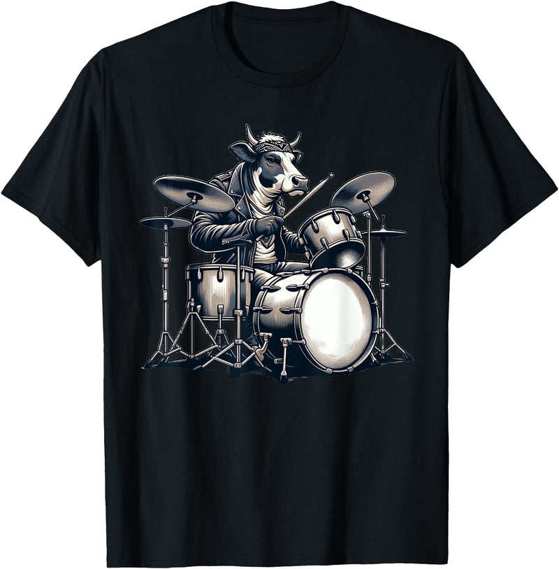 Cute Cow Playing Drums Cow Lover Apparel Cute Cow Playing Drums Cows Drummer Music T-Shirt - Black