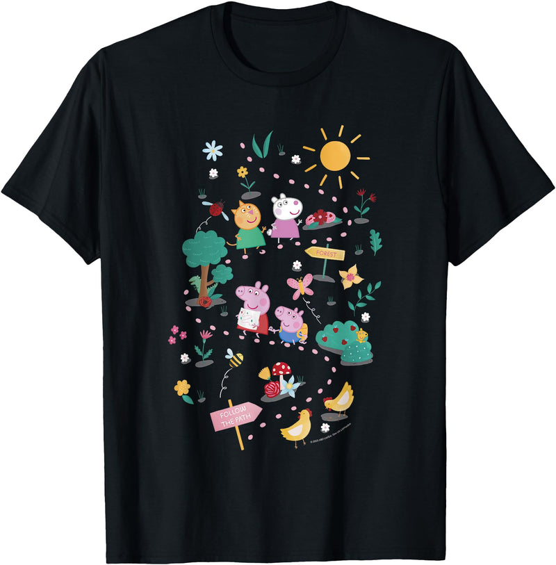 Peppa Pig Follow The Path To The Forest Group Shot T-Shirt - Black