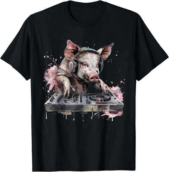 Turntable DJ Music Animals Pig Music DJ Turntable DJ Pig Techno House Music Dance Club T-Shirt - Black