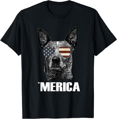 Merica Australian Cattle Dog with Usa Flag Sunglasses T-Shirt