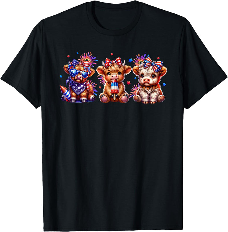 July 4th Highland Cow Farm Lovers American Costume Highland Cow Cattle Animal Lover Patriotic 4th of July T-Shirt - Black