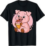 Funny Cute Pig Ice Cream Kawaii Design Pig Eating Ice Cream Graphic Boys Girls Pig Lover T-Shirt - Black