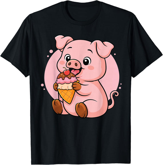 Funny Cute Pig Ice Cream Kawaii Design Pig Eating Ice Cream Graphic Boys Girls Pig Lover T-Shirt - Black