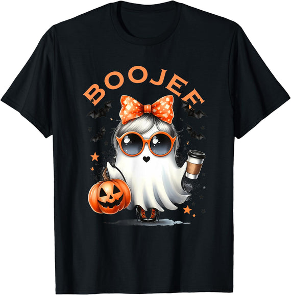 Spooky Halloween Ghost Reading Books Women Girl T Boo JEE Ghost with Coffee Coquette Bow Halloween Women Girl T-Shirt - Black