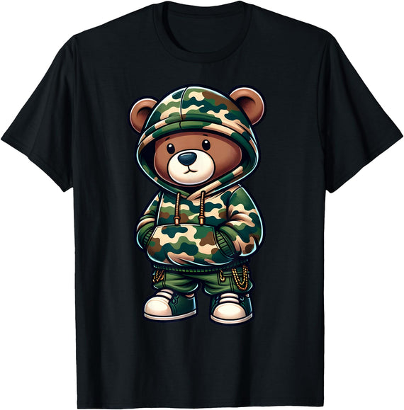 Camo Teddy Bear Hip Hop Designs for Men & Boys Camo Hip Hop Teddy Bear Camouflage Gangsta Streetwear Hustle T-Shirt - Black