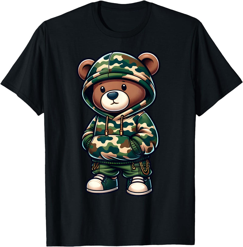 Camo Teddy Bear Hip Hop Designs for Men & Boys Camo Hip Hop Teddy Bear Camouflage Gangsta Streetwear Hustle T-Shirt - Black