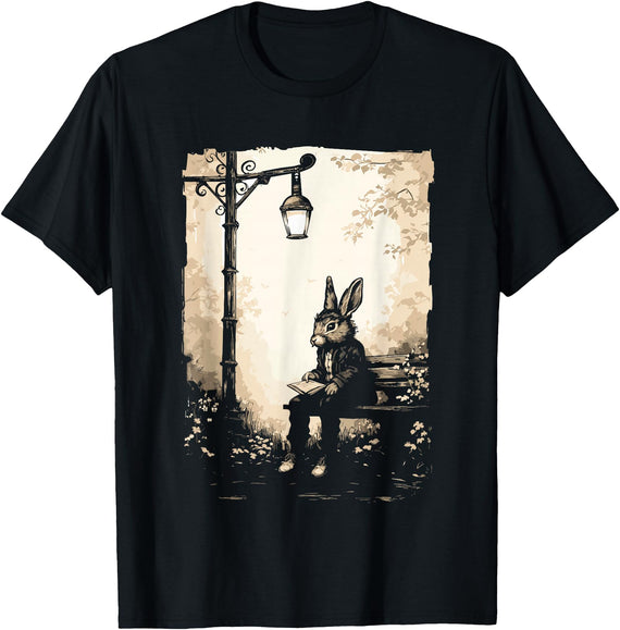 Rabbit with Book on Park Bench Bunny Lover, Men, Women, Kids T-Shirt in Black