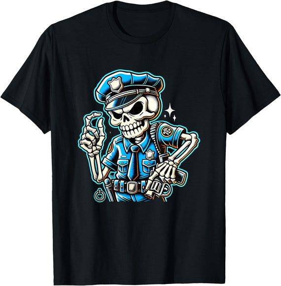 Police Halloween Costume Tees Halloween Skeleton Police T-Shirt - As Pictured