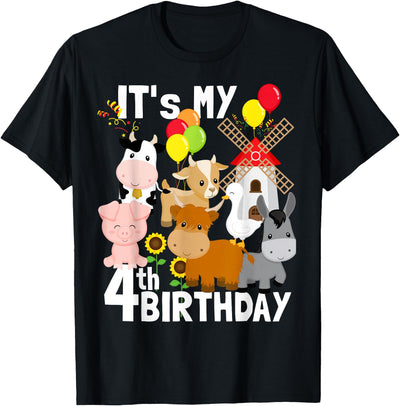Cow Farm Animals Year Old It's My 4th Birthday Party Farm T-Shirt