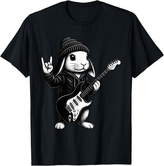 Cute Easter Bunny Rabbit Rock Guitar Music Player Animal T-Shirt in Black
