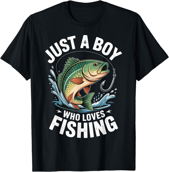 Boy Fishing Fisher Angler Kid Just A Boy Who Loves Fishing T-Shirt - Black