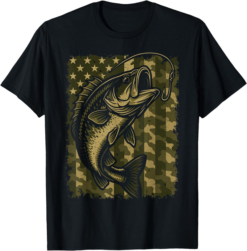 Vintage Patriotic Fishing Apparel Patriotic Bass Fishing Camouflage American Flag T-Shirt - Black