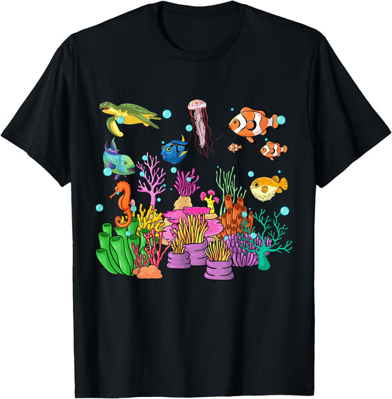 MASH MOSH Coral reef with colorful tropical Fish, Marine Life T-Shirt - Black