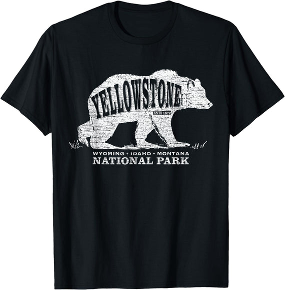 Vintage Yellowstone Retro Tees Tanks Tops Grizzly Bear Yellowstone National Park Est. 1872 T-Shirt - Black