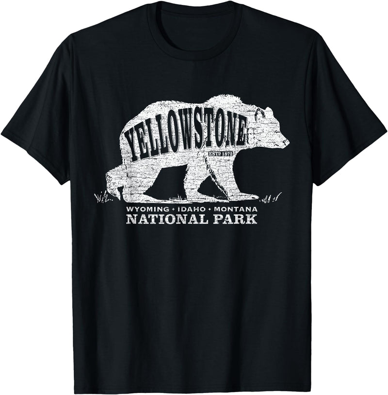 Vintage Yellowstone Retro Tees Tanks Tops Grizzly Bear Yellowstone National Park Est. 1872 T-Shirt - Black