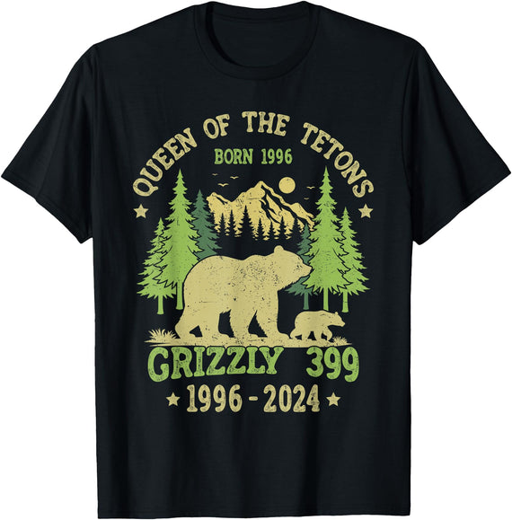 Vintage National Park Outfits Bear Lovers Apparel. Queen Of The Tetons Grizzly 399 National Park 1996-2024 T-Shirt - Black