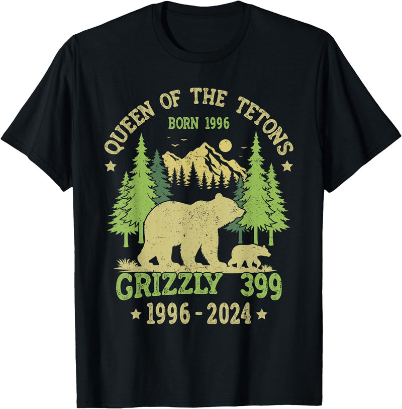 Vintage National Park Outfits Bear Lovers Apparel. Queen Of The Tetons Grizzly 399 National Park 1996-2024 T-Shirt - Black