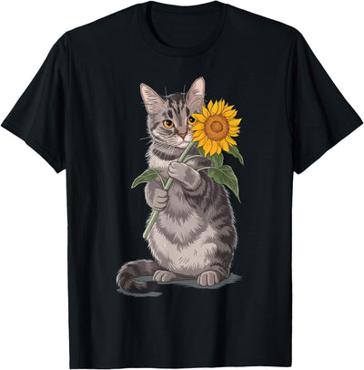Nature Flower Gardener Botanist Kitten Cat Holding Sunflower T-Shirt
