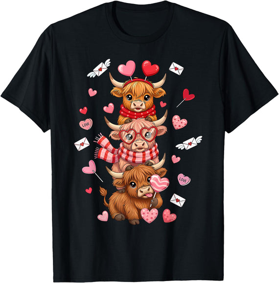 Retro Howdy Valentine Cow VDay Women Girls Cute Western Valentine Highland Cows with Hearts T-Shirt - Black